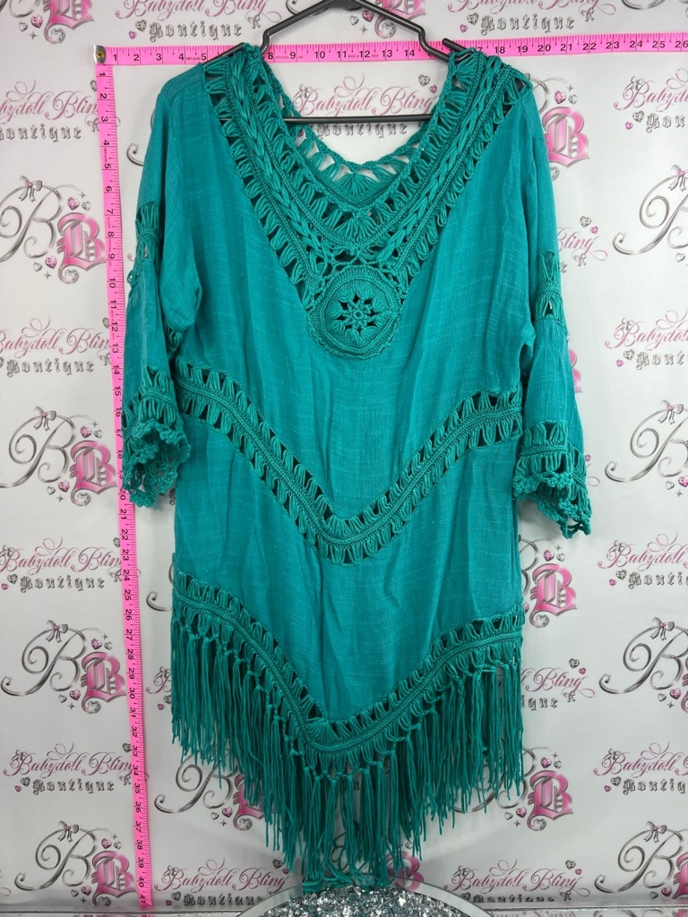 Dress coverup tassle crochet boho green blue Turquoise Crochet Fringe Boho Tunic